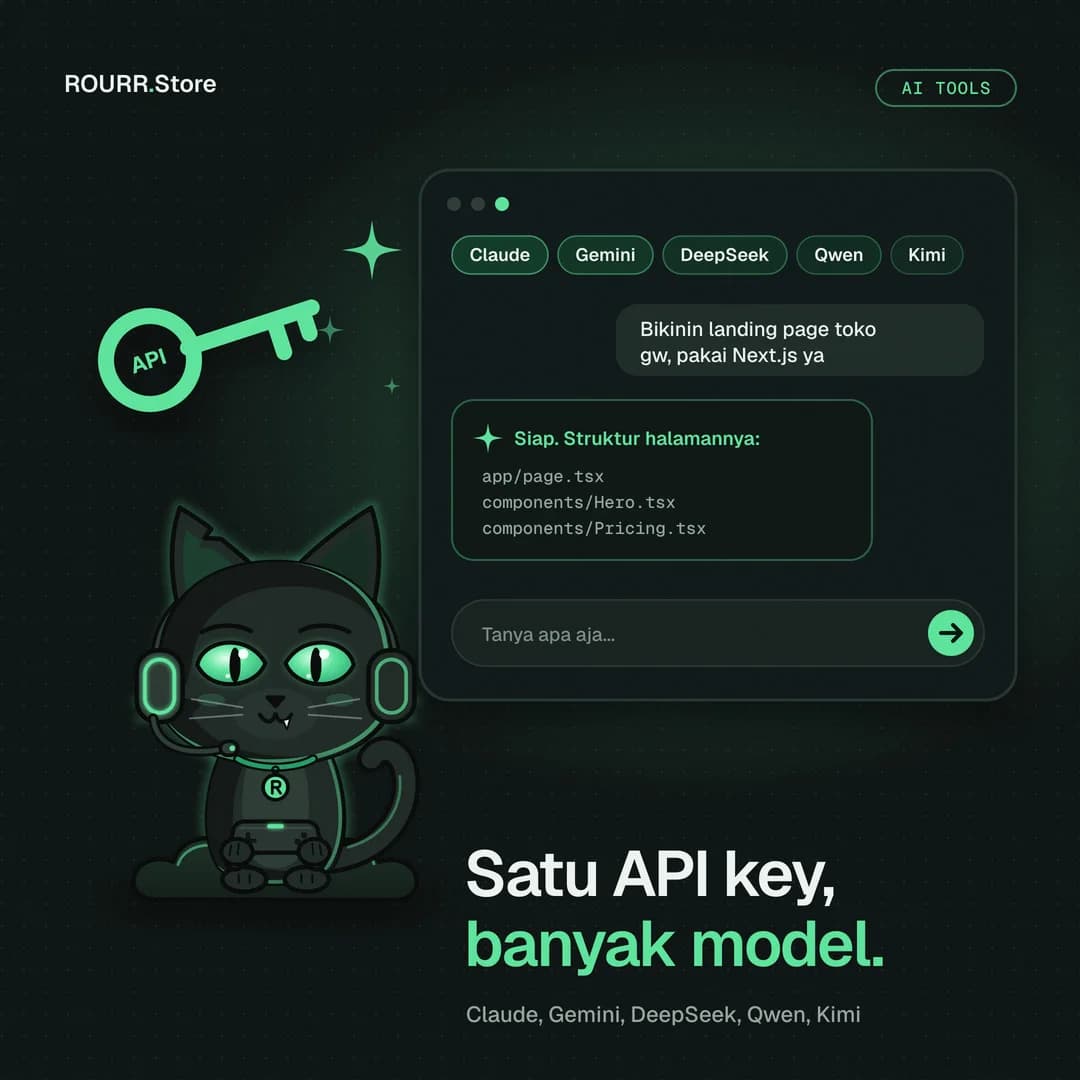 Ilustrasi AI tools: jendela chat AI dengan chip Claude, Gemini, DeepSeek, Qwen, Kimi dan kunci API
