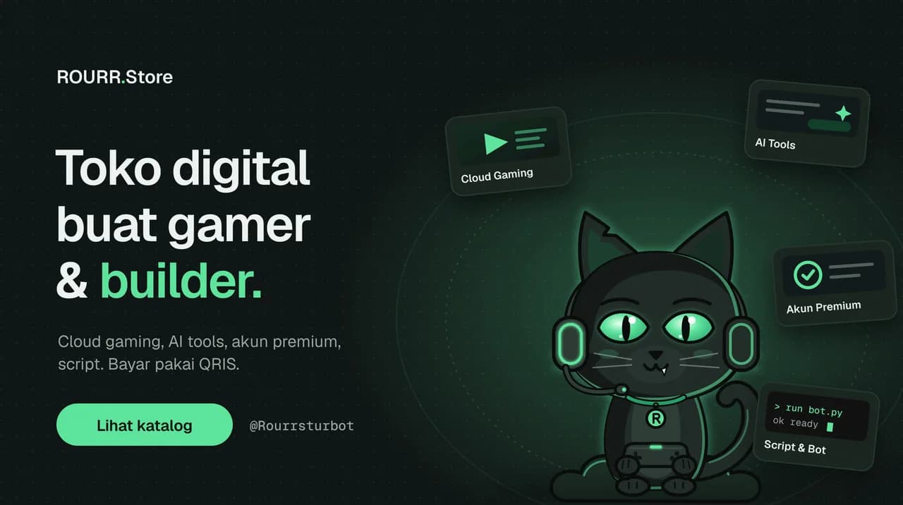 Banner ROURR Store: maskot dikelilingi kartu Cloud Gaming, AI Tools, Akun Premium, Script & Bot