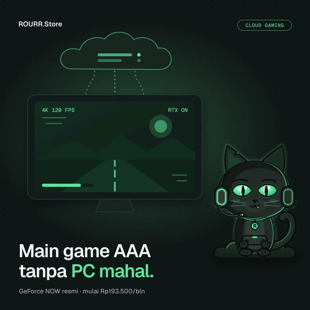 Ilustrasi cloud gaming: monitor game balap 4K 120 FPS dengan maskot ROURR memegang stik game