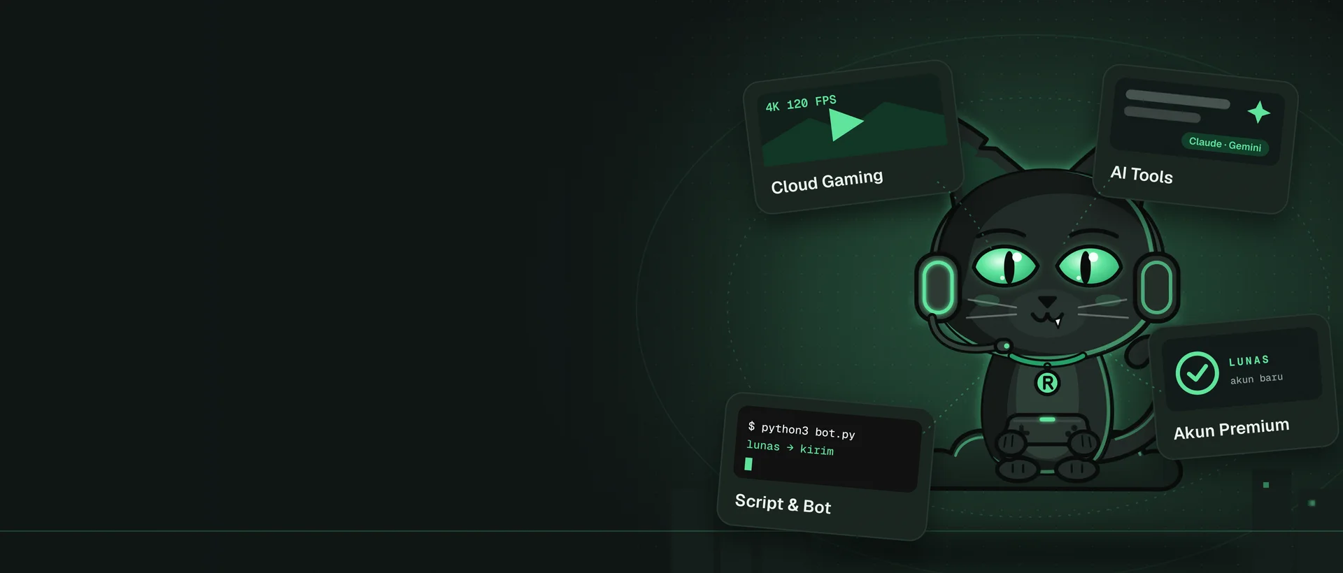 Maskot ROURR di tengah orbit empat kategori: Cloud Gaming, AI Tools, Akun Premium, dan Script & Bot